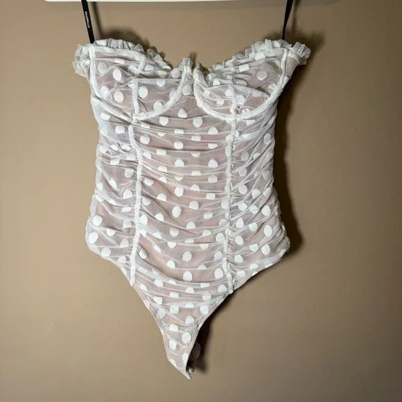 MAJORELLE WYN bodysuit White Polka Dot Ruched small - Picture 4 of 7
